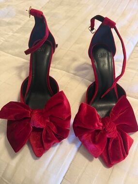 H&M Red Velvet Bow Ankle-Strap Heels